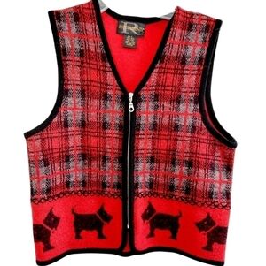 VTG 100% Wool Scottish Terrier Dog Sweater Vest Cardigan Red  Black Cottagecore